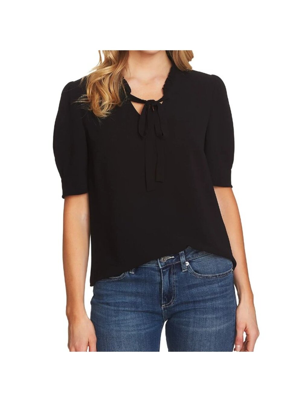 CeCe Black Ruffle V-Neck Tie Blouse - Size Large